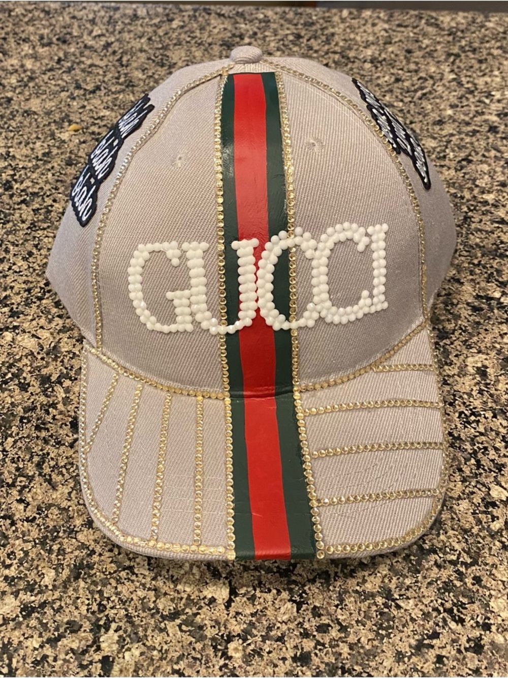 Custom made Gucci Grey Baseball Cap with Red and Green Stripe and Pearl Logo